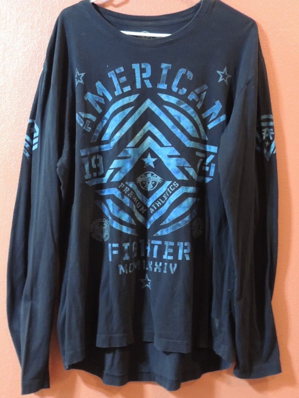American Fighter Shirt Men X Large Black Blue Long Sleeve Outdoors Gym Fitness